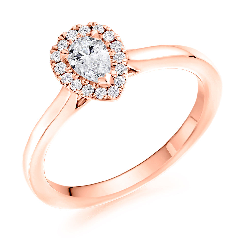Clean-Shouldered Halo Pear Cut Engagement Ring in Rose Gold