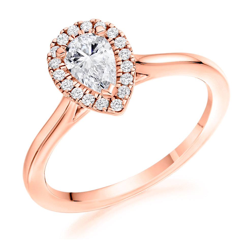 Halo with Plain Shoulders Pear Cut Engagement Ring in Rose Gold