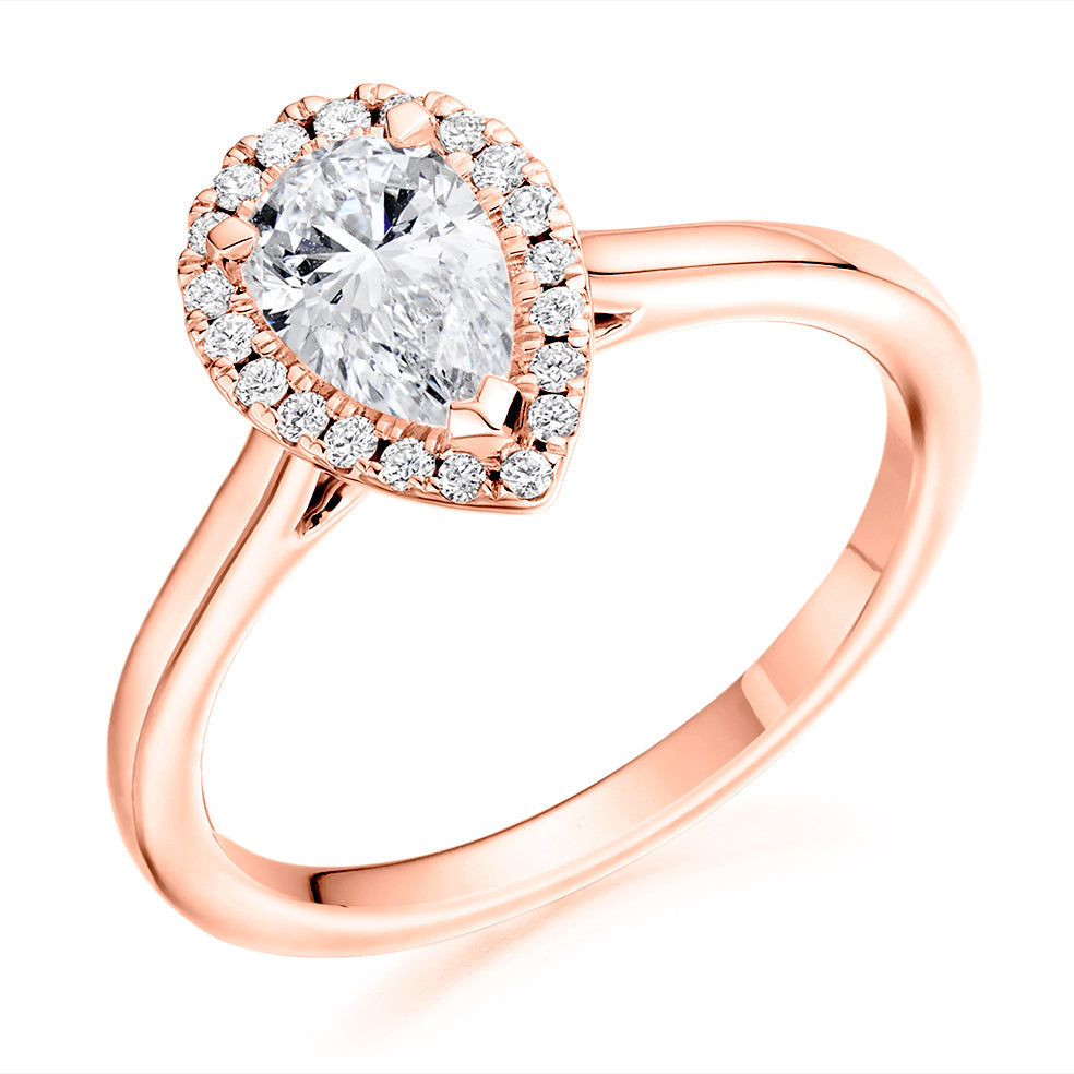 Plain-Band Halo Pear Cut Engagement Ring in Rose Gold