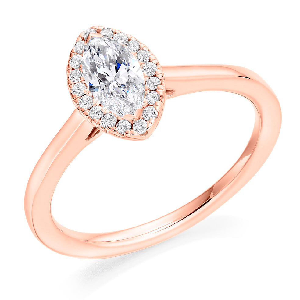 Halo with Plain Shoulders Marquise Cut Engagement Ring in Rose Gold
