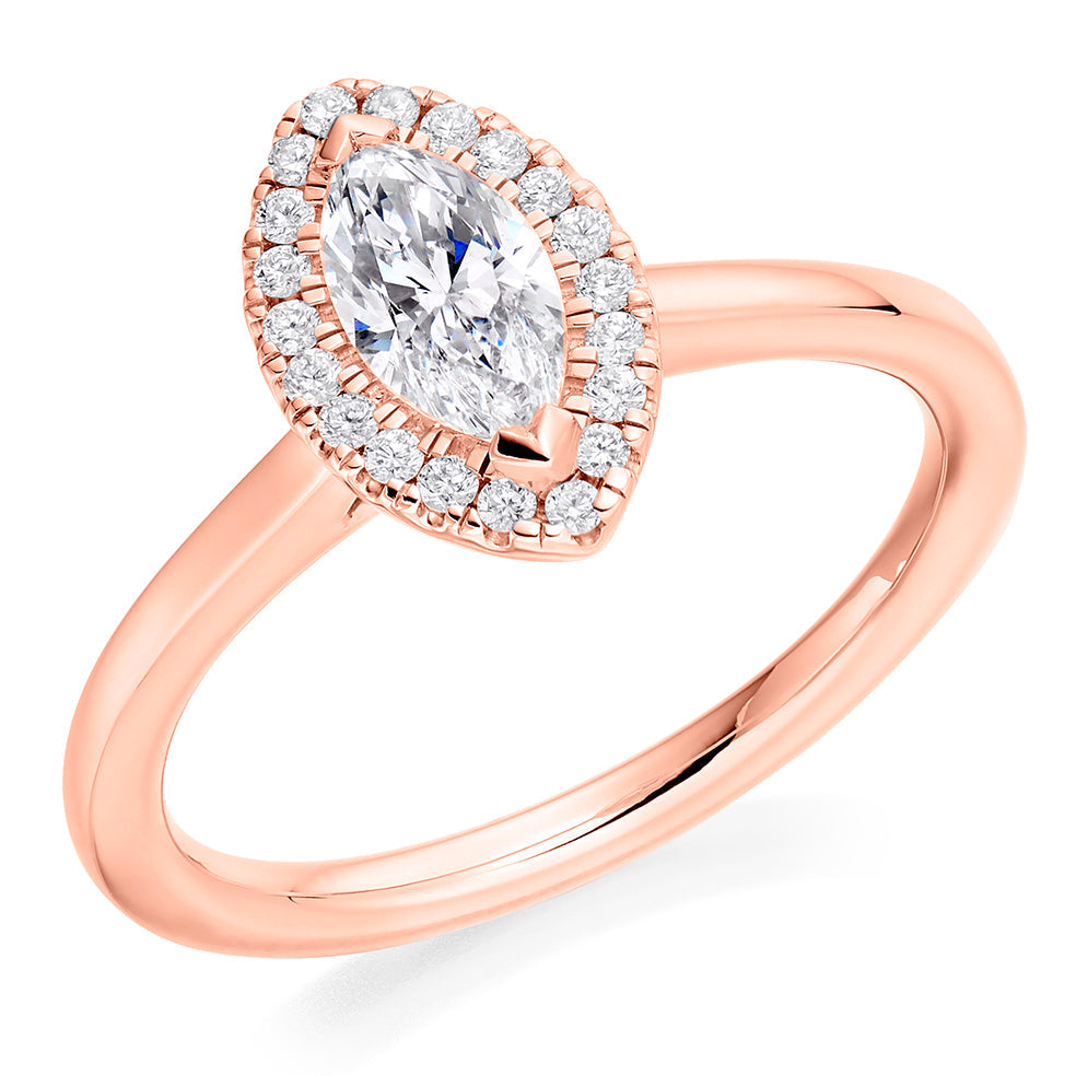 Plain-Band Halo Marquise Cut Engagement Ring in Rose Gold