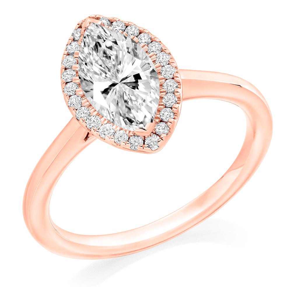 Clean-Shouldered Halo Marquise Cut Engagement Ring in Rose Gold