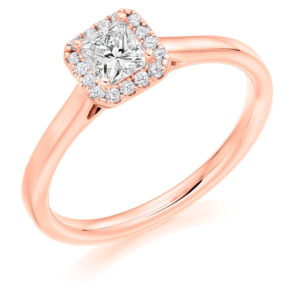 Plain-Band Halo Princess Cut Engagement Ring in Rose Gold