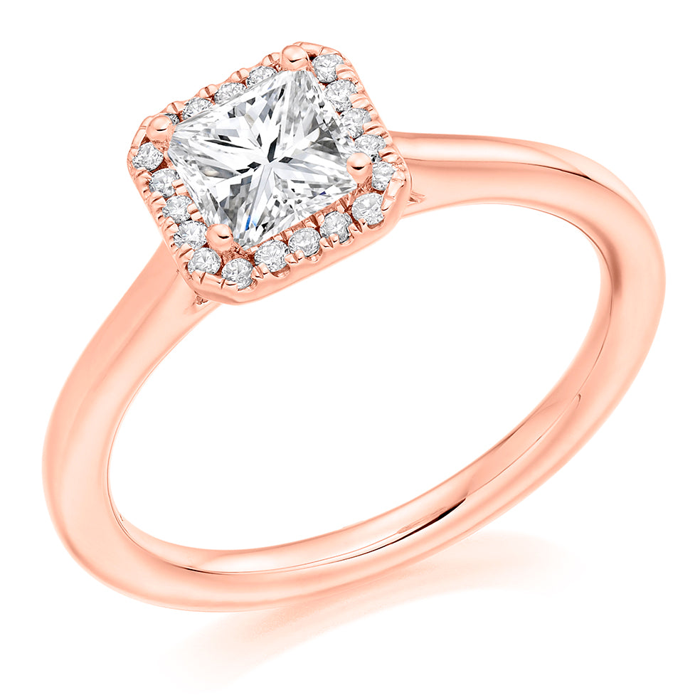 Halo Solitaire Princess Cut Engagement Ring in Rose Gold