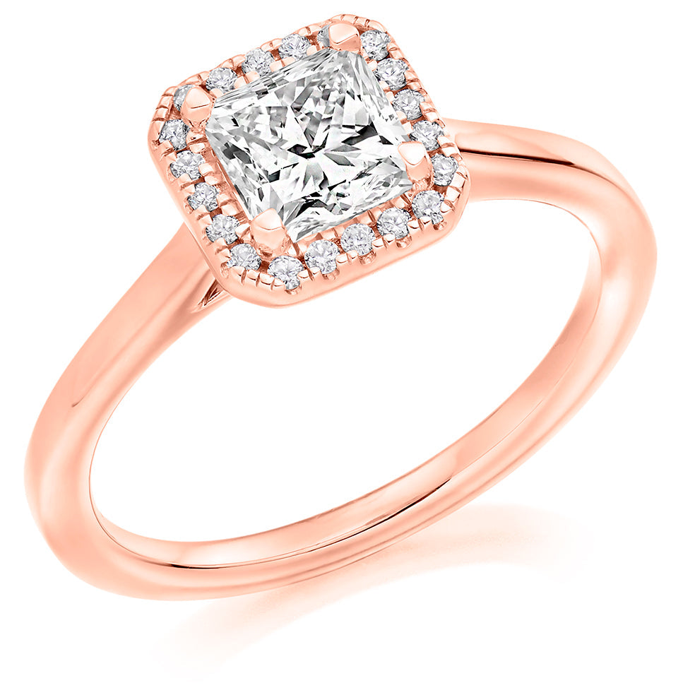 Clean-Shouldered Halo Princess Cut Engagement Ring in Rose Gold