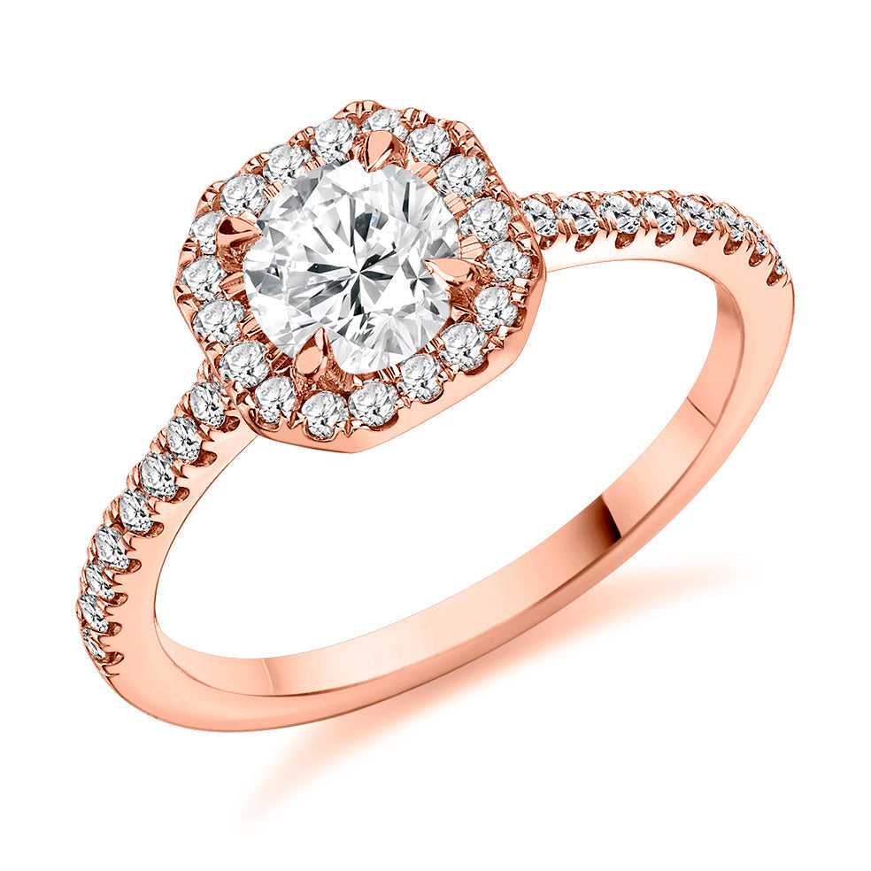 Pavé-Shoulder Halo Round-Brilliant Engagement Ring, 0.75ct in Rose Gold
