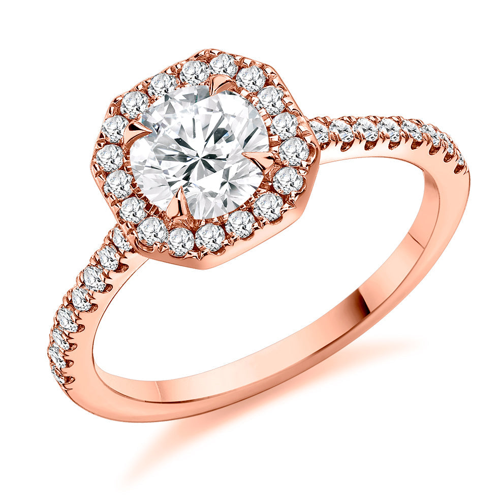 Pavé-Shoulder Halo Round-Brilliant Engagement Ring, 0.9ct (ENG5013 SMT) in Rose Gold