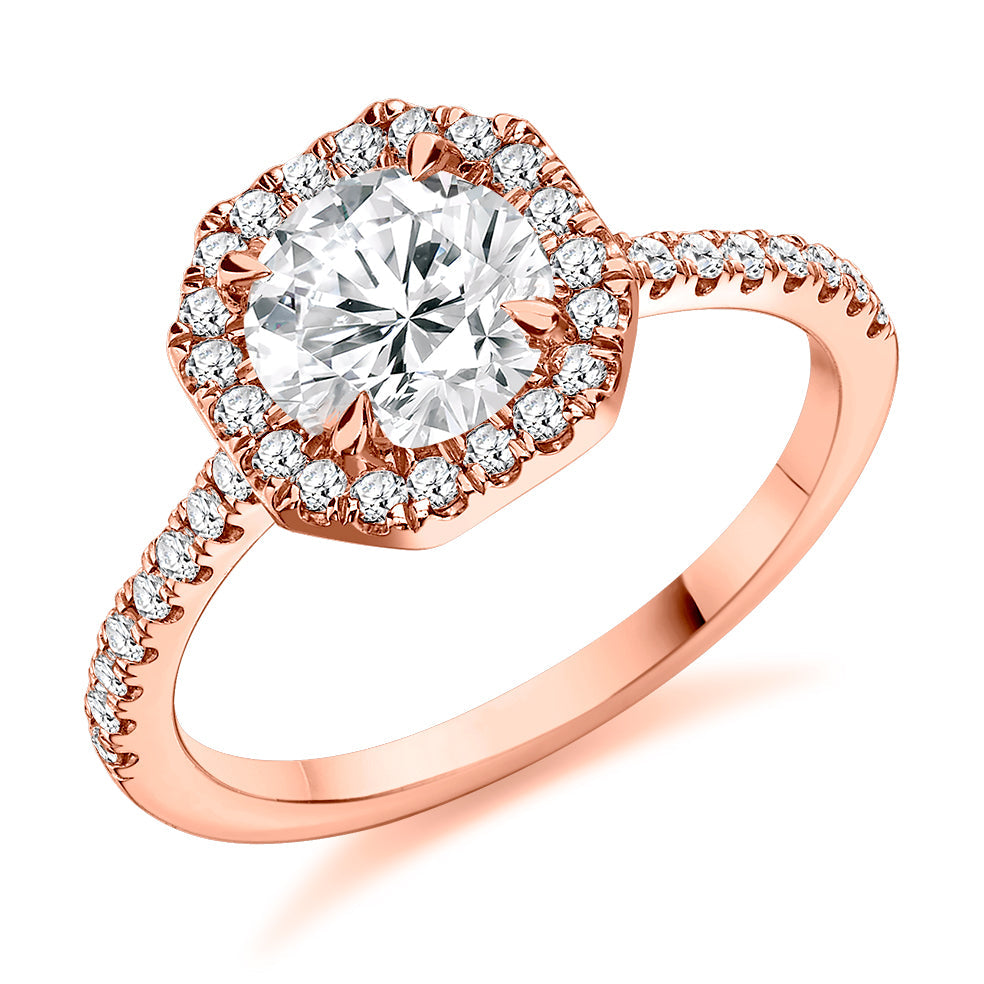 Pavé-Shoulder Halo Round-Brilliant Engagement Ring, 1.0ct (ENG5014 SMT) in Rose Gold
