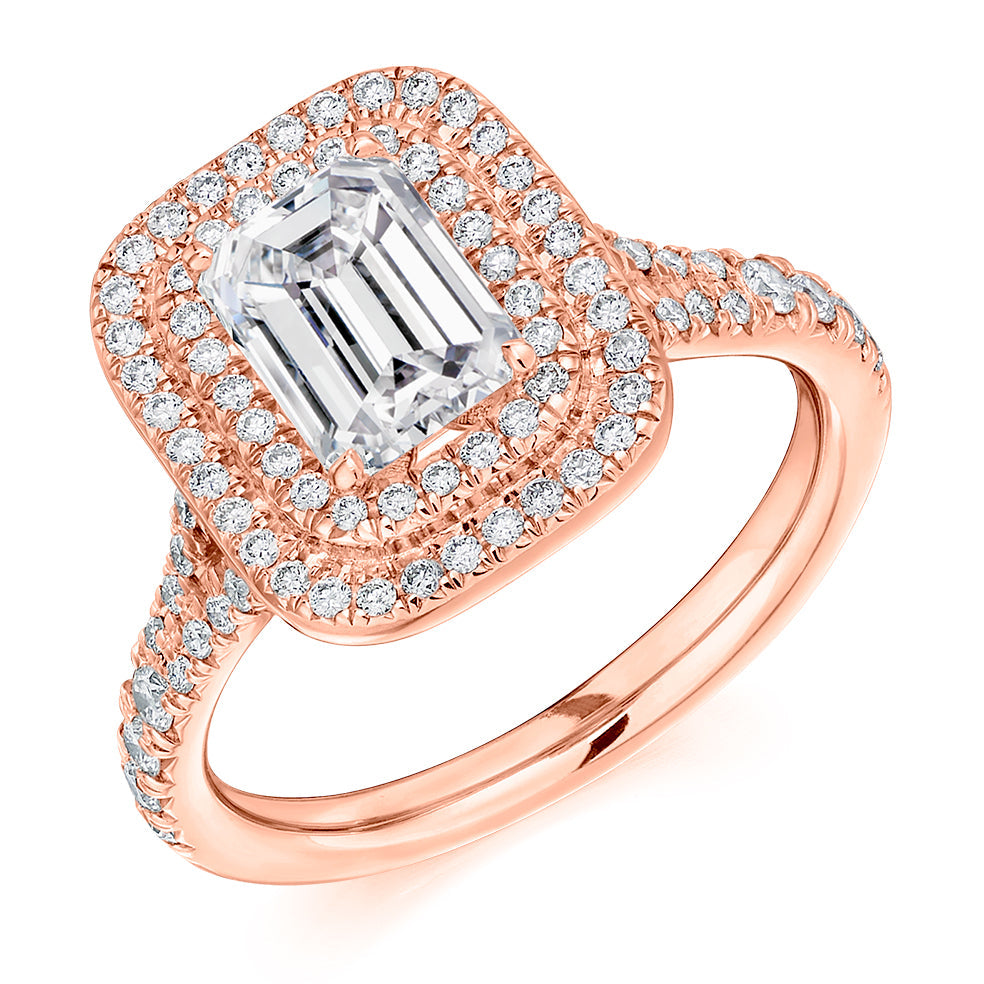 Double-Halo Split-Shoulder Emerald-Cut Engagement Ring, 1.5ct in Rose Gold