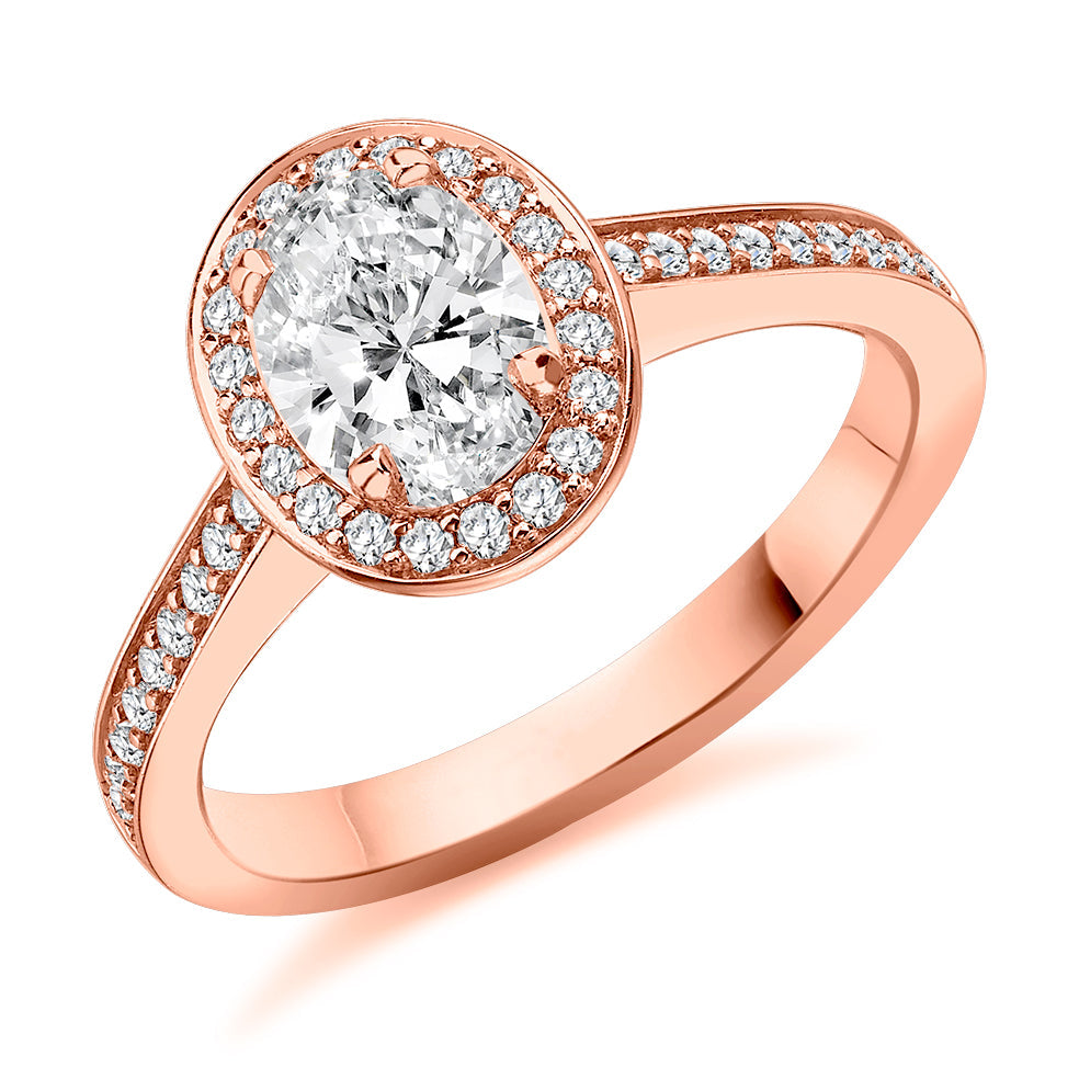 Pavé-Shoulder Halo Oval-Cut Engagement Ring, 0.75ct in Rose Gold