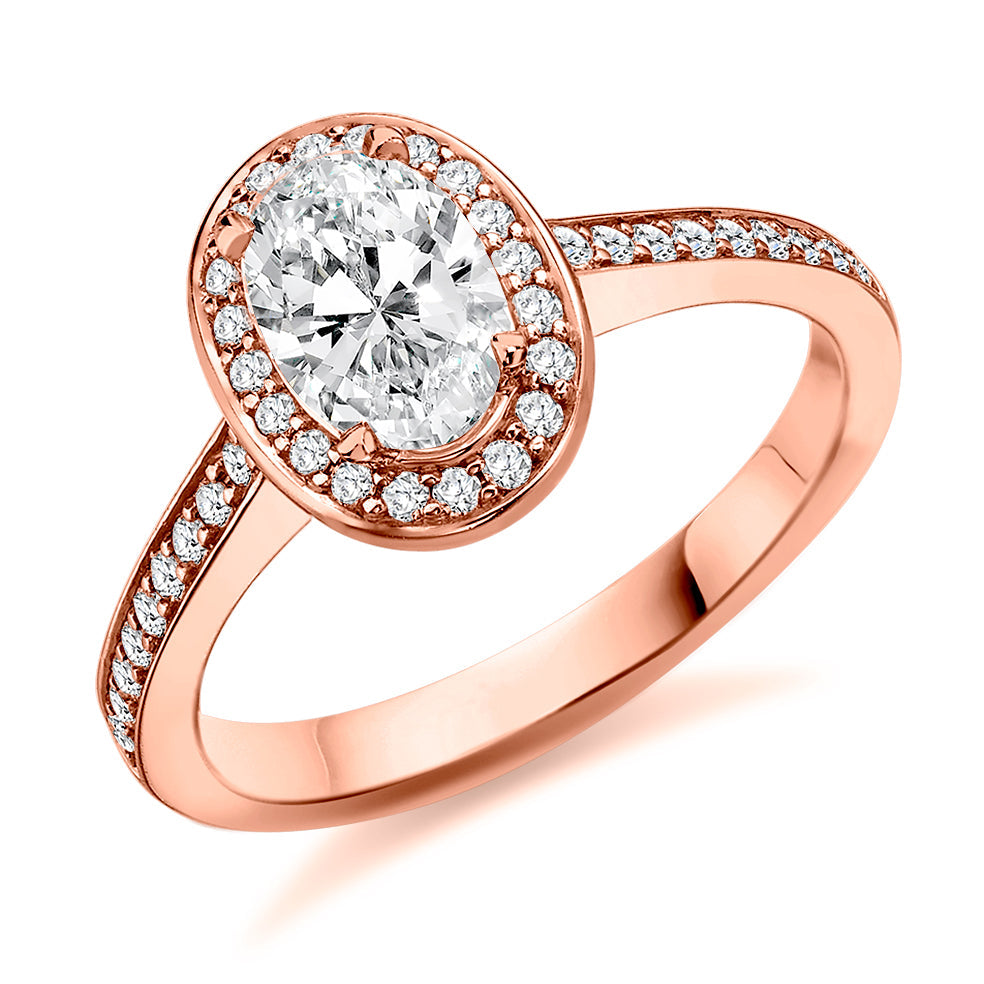 Pavé-Shoulder Halo Oval-Cut Engagement Ring, 0.9ct in Rose Gold