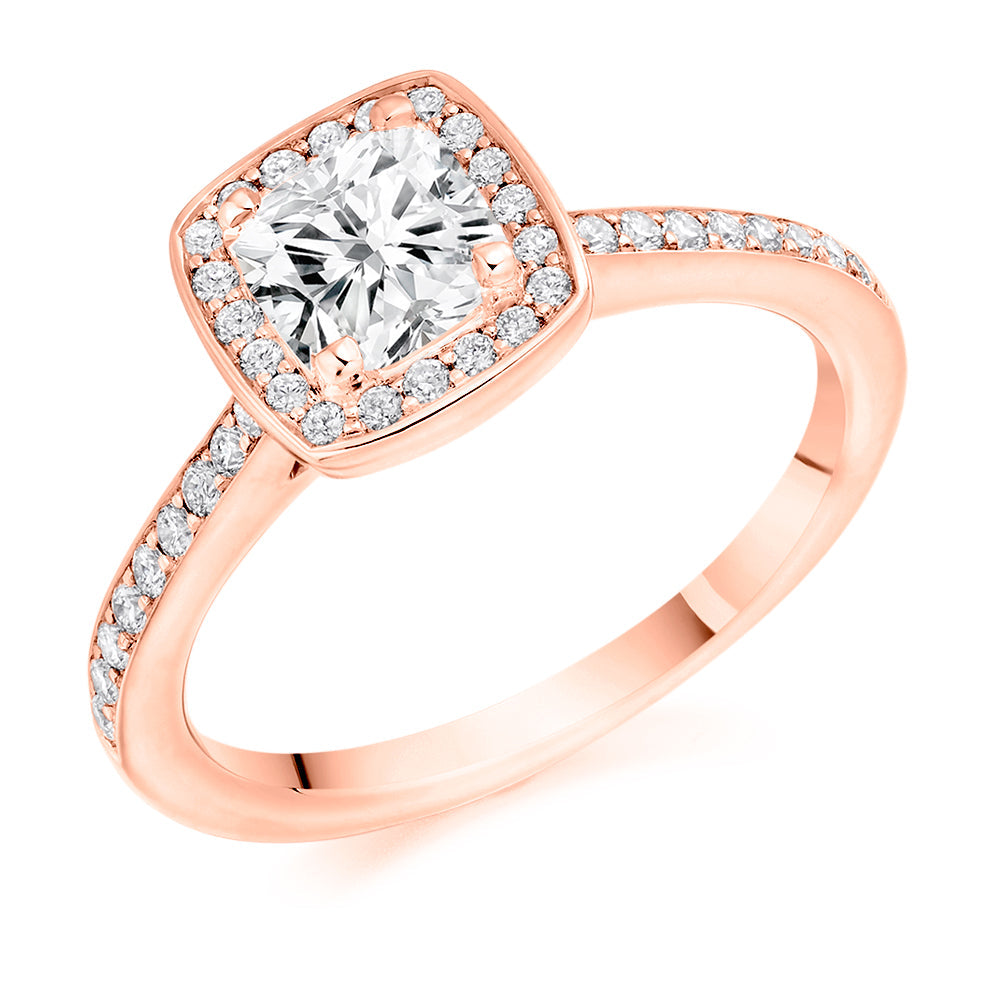 Pavé-Shoulder Halo Cushion-Cut Engagement Ring, 0.75ct in Rose Gold