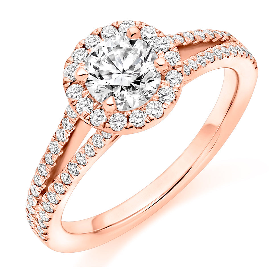 Halo with Split Shoulders Round Brilliant Engagement Ring, 0.75ct in Rose Gold