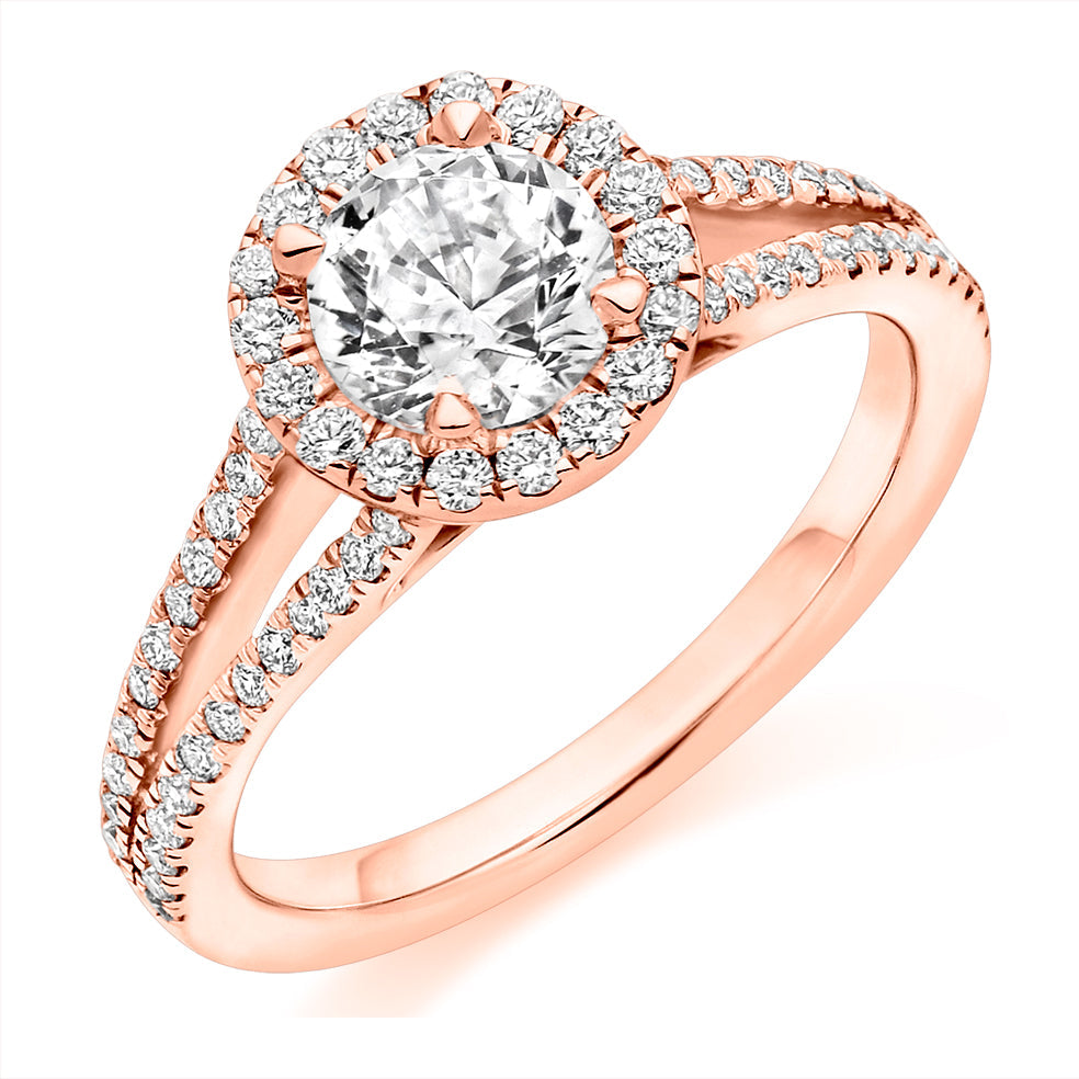 Split-Shoulder Halo Round Brilliant Engagement Ring, 0.9ct in Rose Gold