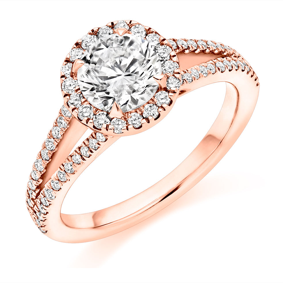 Curved-Shoulder Halo Round Brilliant Engagement Ring, 1.0ct in Rose Gold