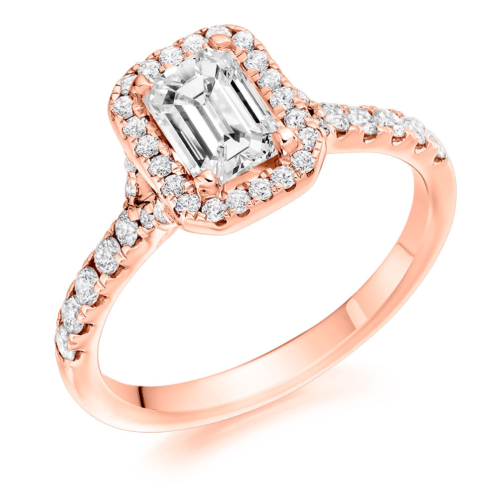 Halo with Diamond Shoulders Emerald Cut Engagement Ring in Rose Gold