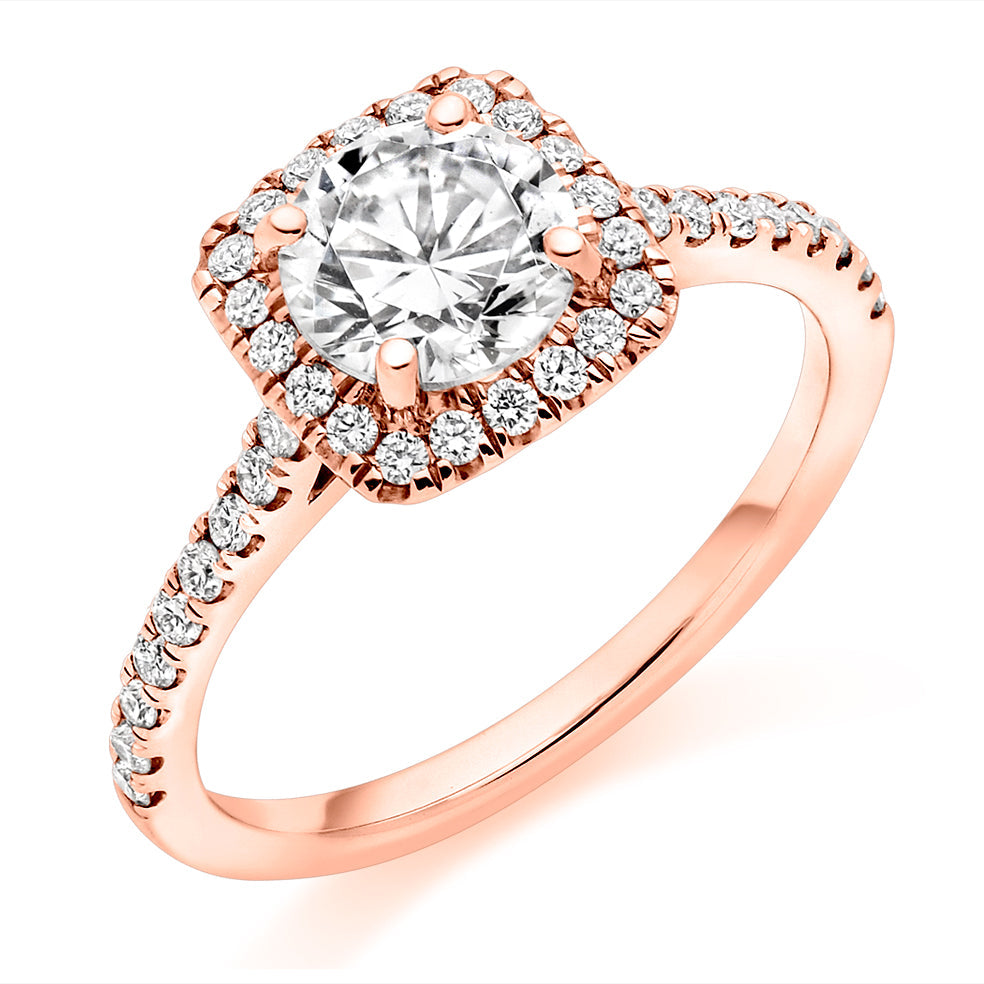 Pavé-Shoulder Halo Round-Brilliant Engagement Ring, 1.0ct (ENG5418 SMT) in Rose Gold