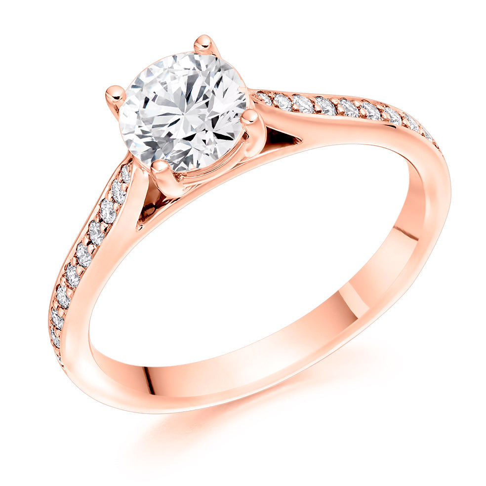 Pavé-Shouldered Solitaire Round Brilliant Engagement Ring 0.9ct total in Rose Gold