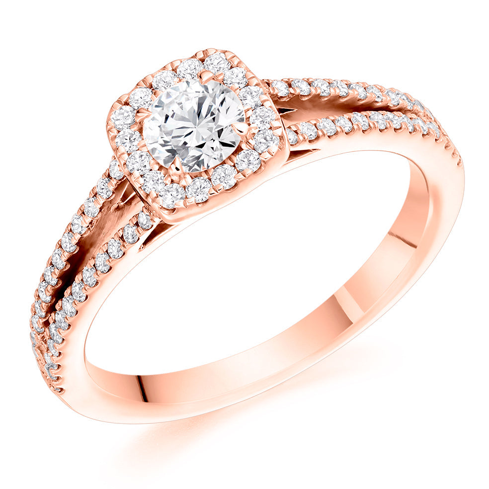 Halo with Split Shoulders Round Brilliant Engagement Ring 0.68ct in Rose Gold