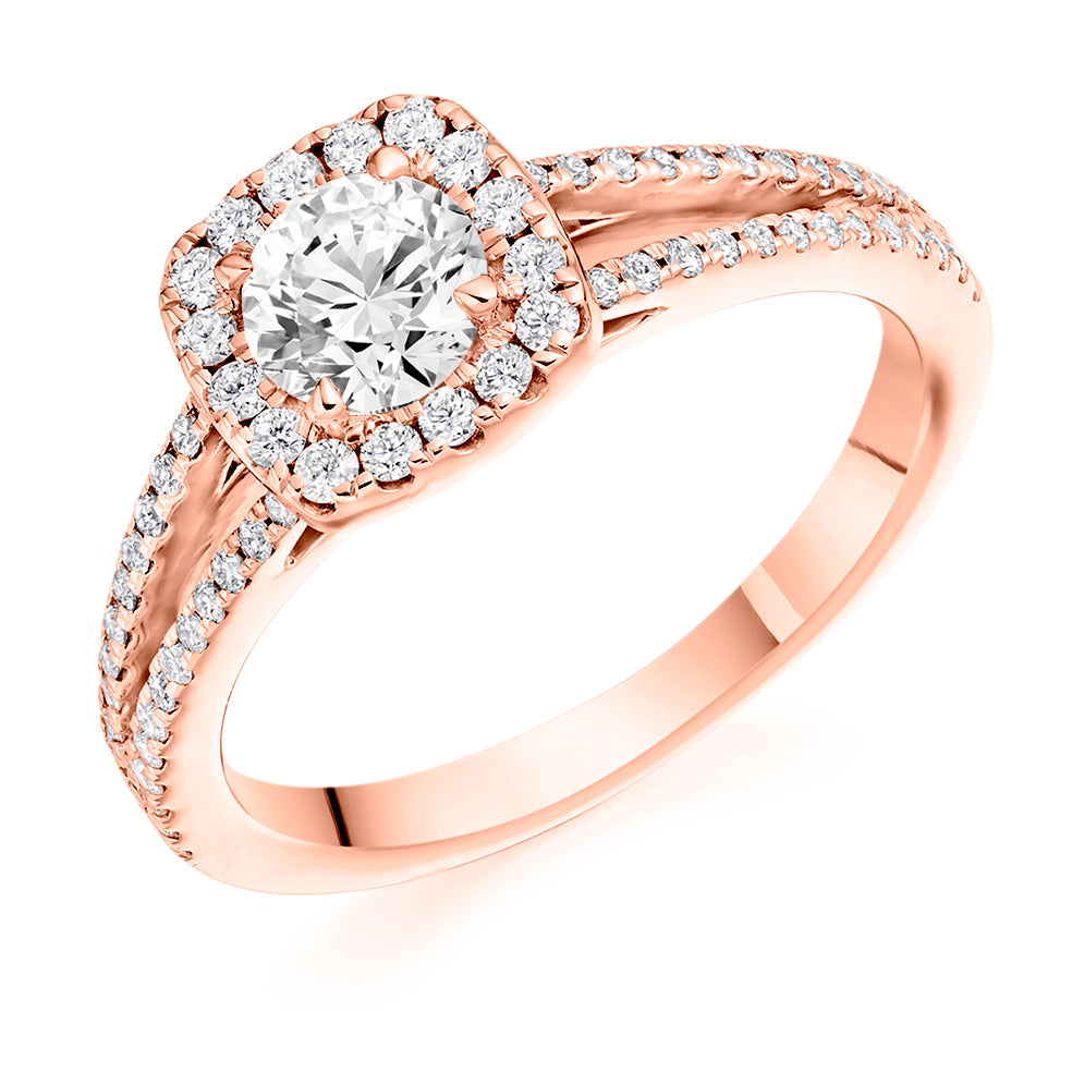 Split-Shoulder Halo Round Brilliant Engagement Ring 0.95ct in Rose Gold
