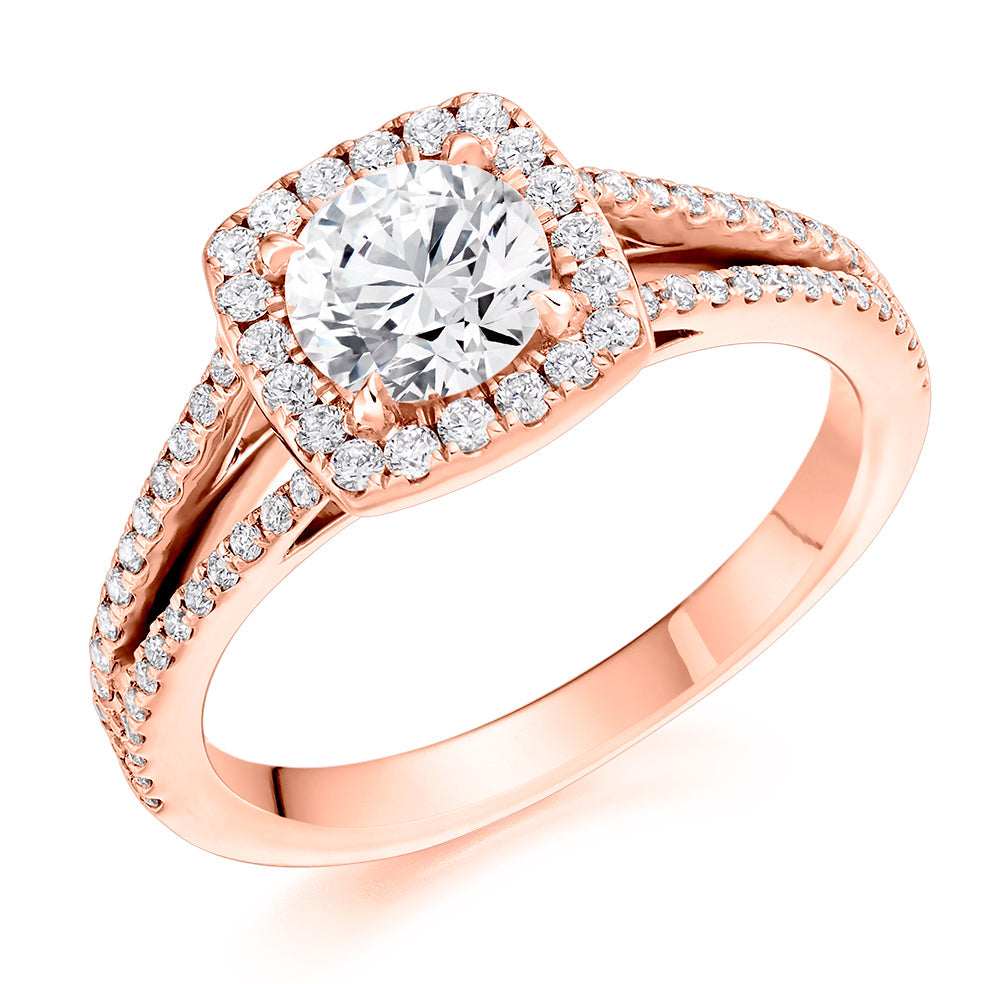 Halo with Split Shoulders Round Brilliant Engagement Ring, 0.9ct in Rose Gold