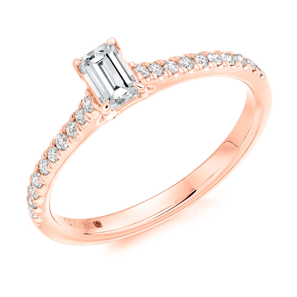 Diamond-Shouldered Solitaire Emerald Cut Engagement Ring in Rose Gold