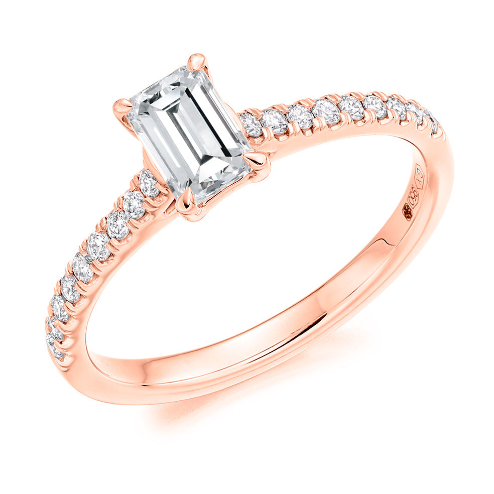 Accent-Shouldered Solitaire Emerald Cut Engagement Ring in Rose Gold