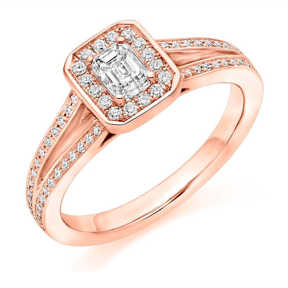 Split-Shoulder Halo Emerald Cut Engagement Ring, 0.33ct in Rose Gold