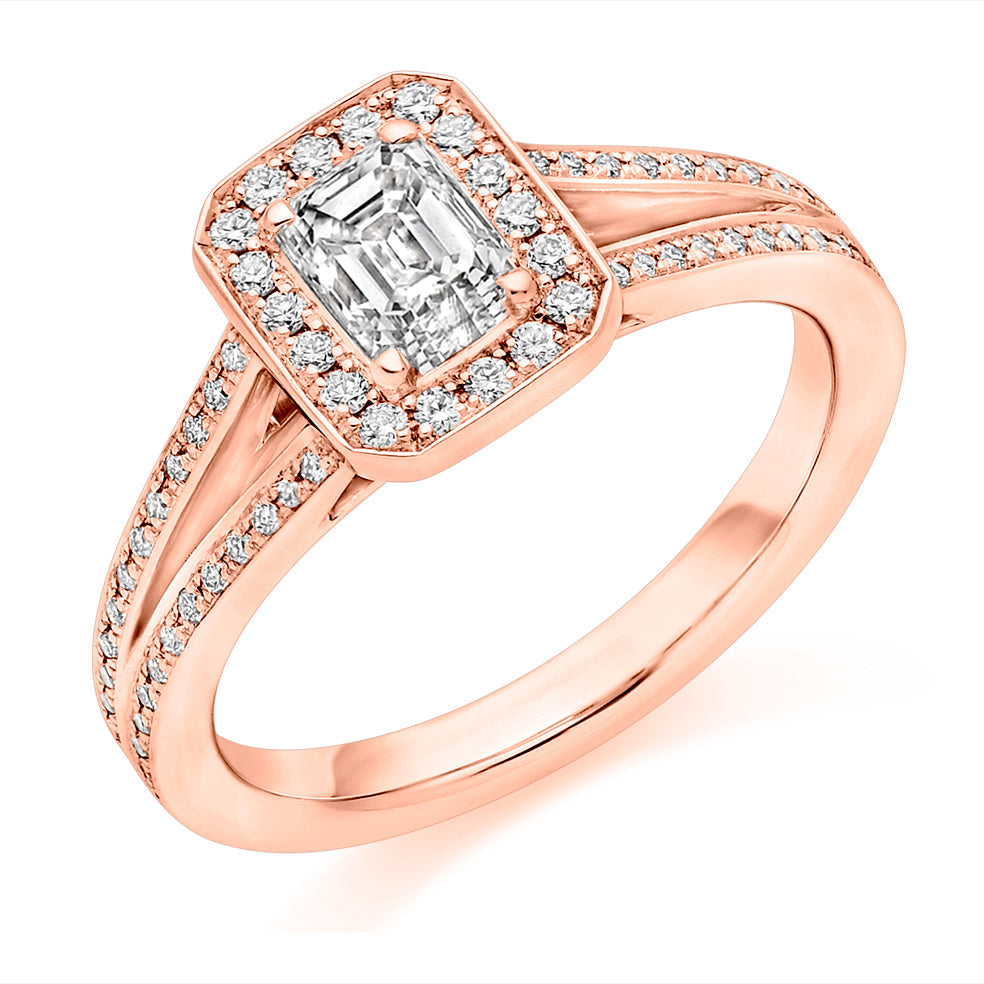 Curved-Shoulder Halo Emerald Cut Engagement Ring, 0.5ct in Rose Gold