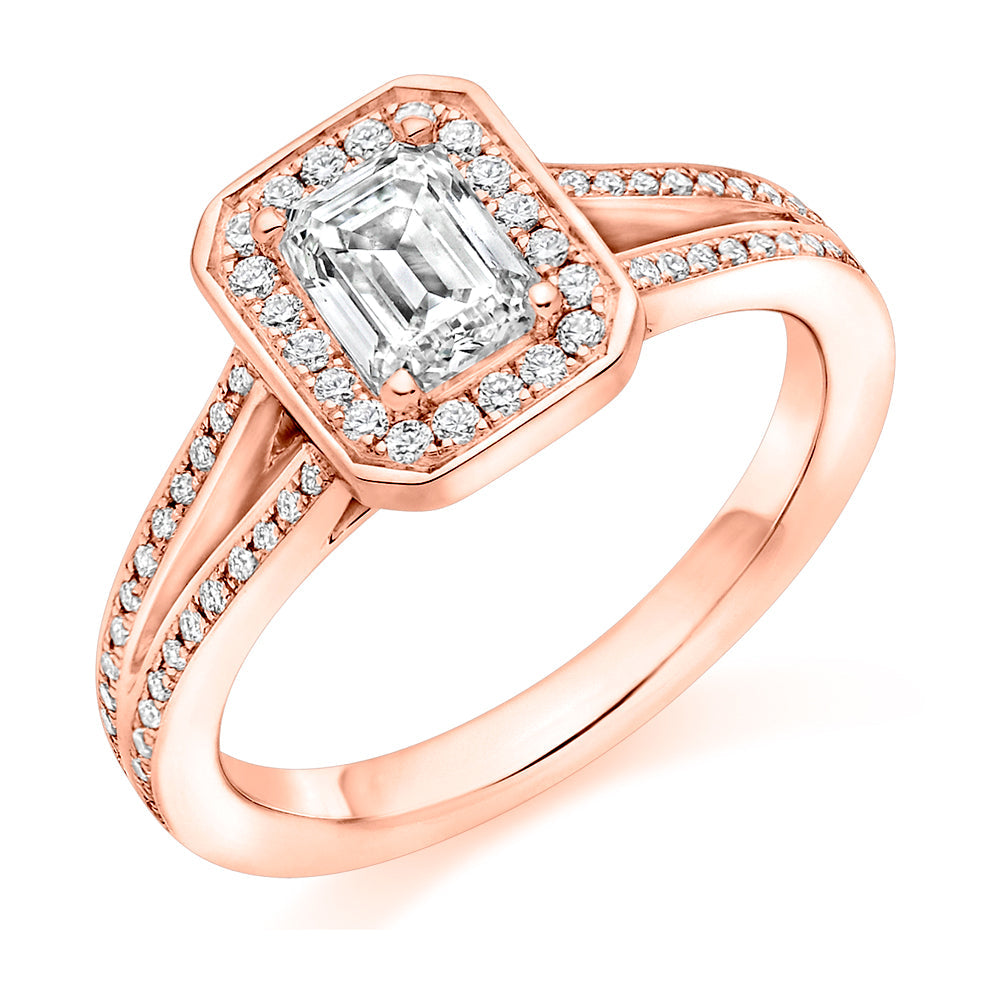 Halo with Split Shoulders Emerald Cut Engagement Ring in Rose Gold