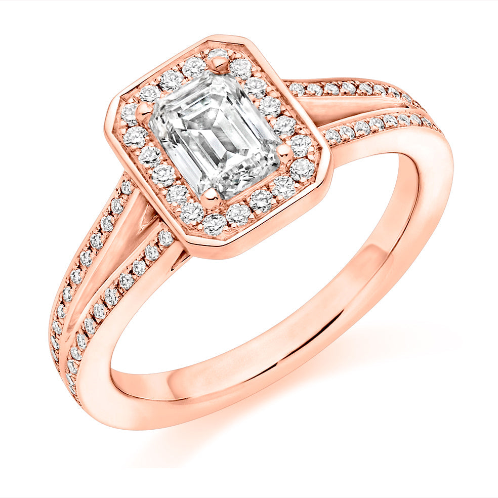 Split-Shoulder Halo Emerald Cut Engagement Ring in Rose Gold