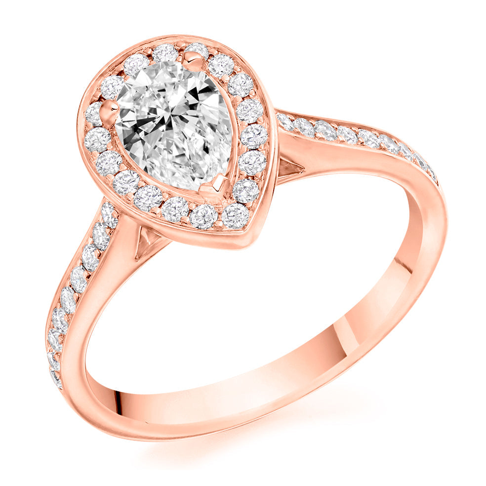 Pavé-Shoulder Halo Pear-Cut Engagement Ring, 0.75ct in Rose Gold