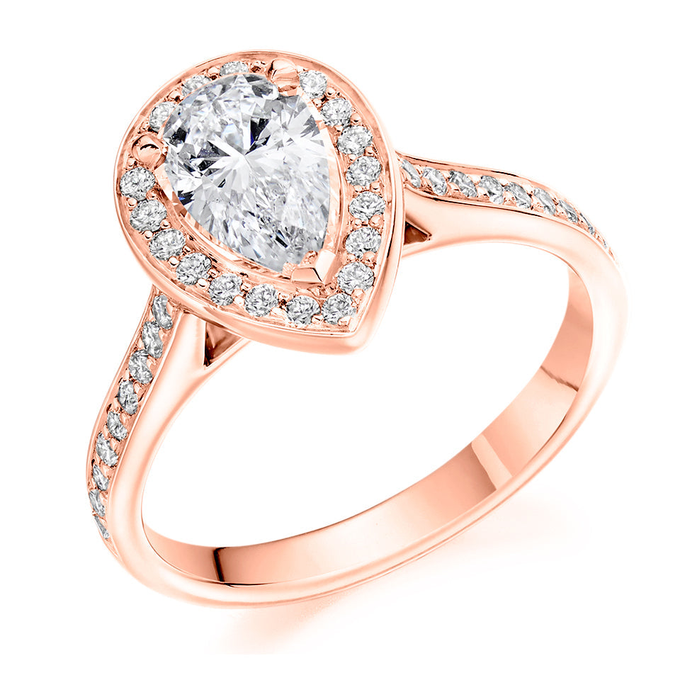 Pavé-Shoulder Halo Pear-Cut Engagement Ring, 1.0ct in Rose Gold