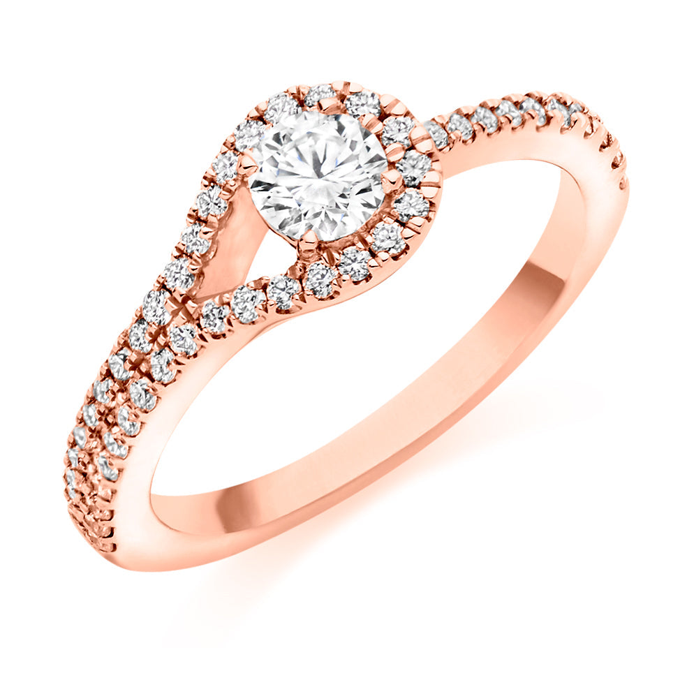 Curved-Shoulder Halo Round Brilliant Engagement Ring, 0.33ct in Rose Gold