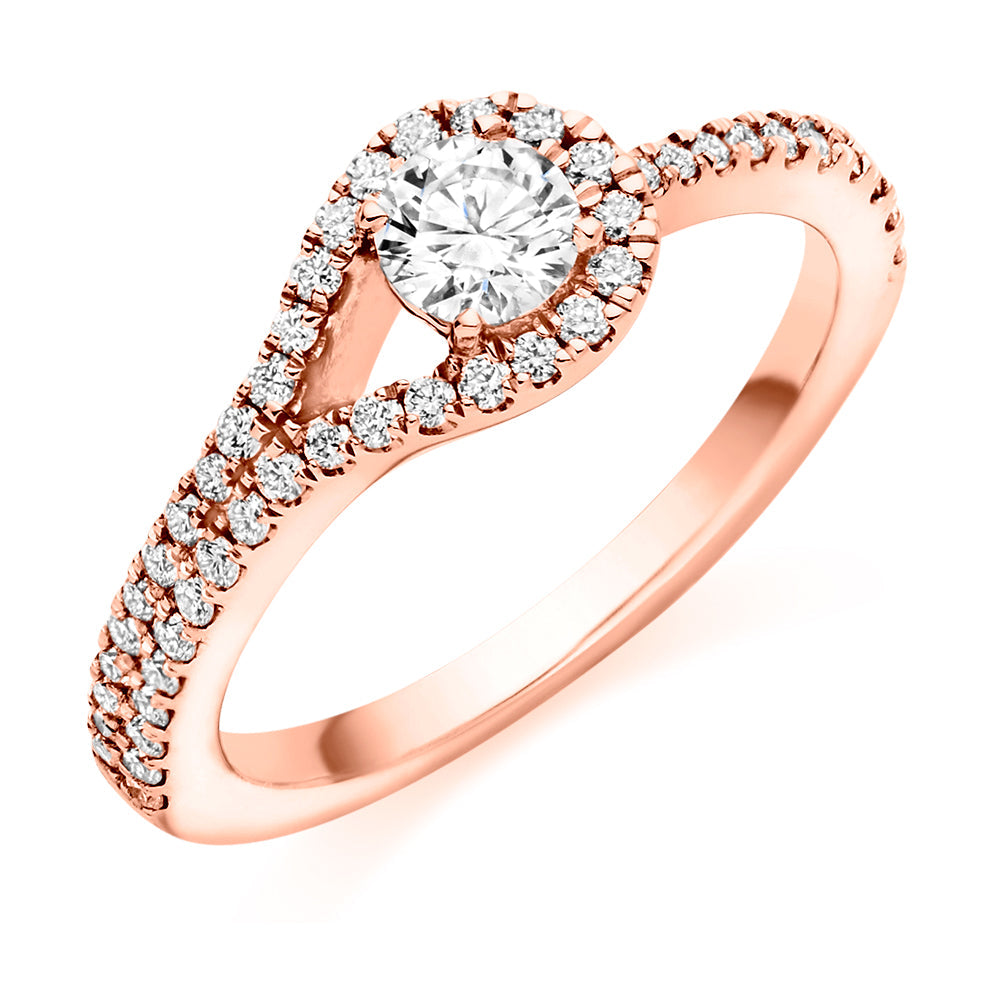 Split-Shoulder Halo Round Brilliant Engagement Ring in Rose Gold