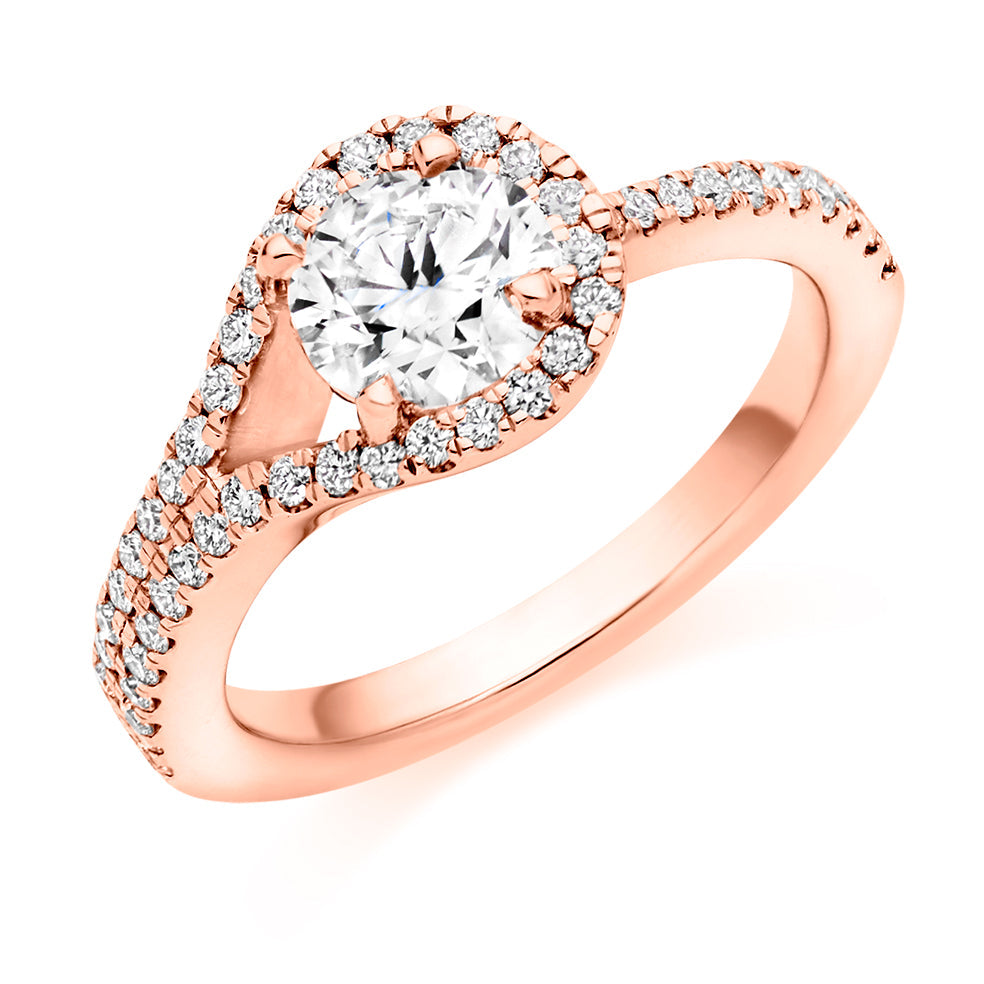 Curved-Shoulder Halo Round Brilliant Engagement Ring, 0.75ct in Rose Gold