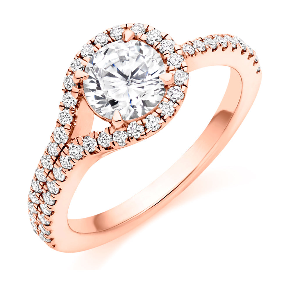 Halo with Split Shoulders Round Brilliant Engagement Ring, 1.0ct in Rose Gold