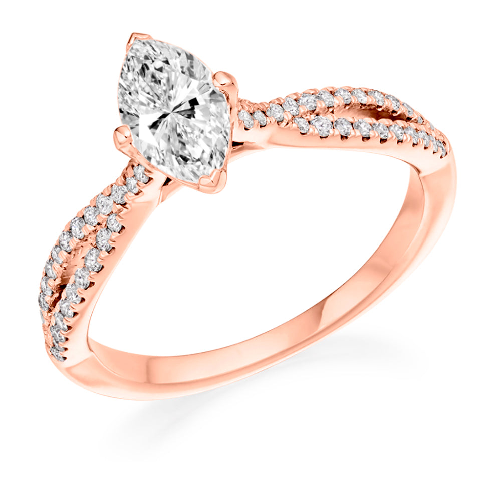 Curved-Shoulder Solitaire Marquise Cut Engagement Ring, 0.75ct in Rose Gold