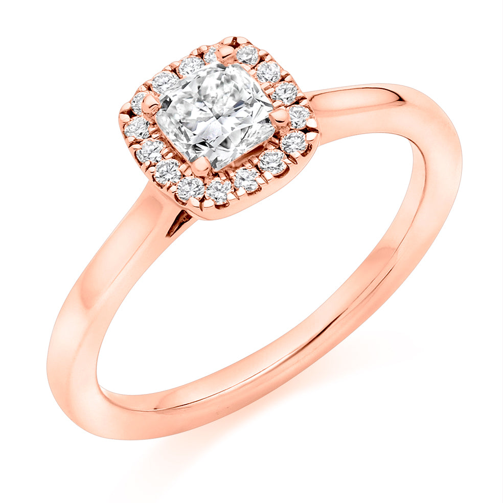 Plain-Shoulder Halo Cushion-Cut Engagement Ring, 0.5ct in Rose Gold