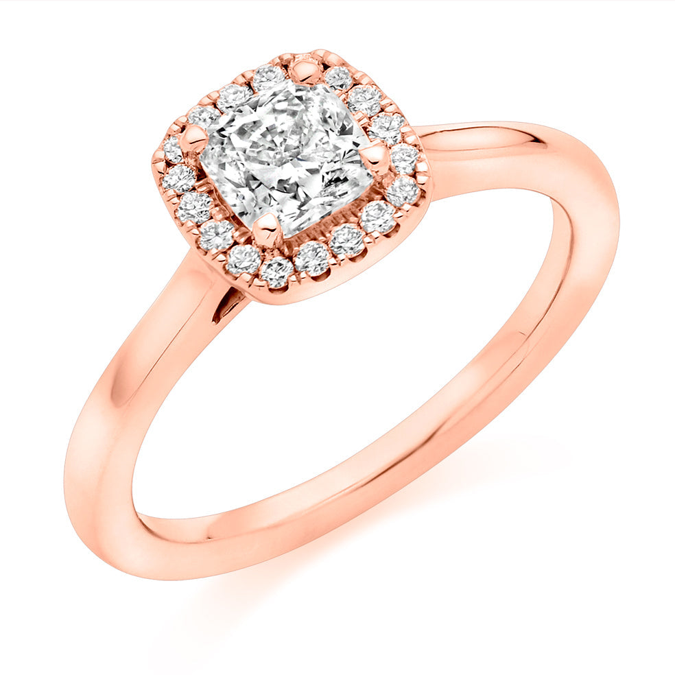 Plain-Shoulder Halo Cushion-Cut Engagement Ring, 0.75ct in Rose Gold