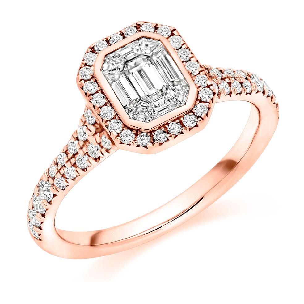 Split-Shoulder Invisible-Set Halo Emerald-Cut Engagement Ring, 0.4ct (ENG6196) in Rose Gold