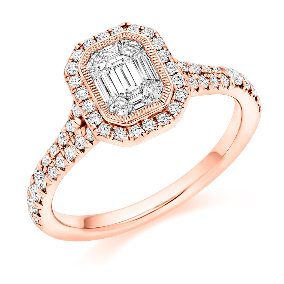 Split-Shoulder Invisible-Set Halo Emerald-Cut Engagement Ring, 0.4ct in Rose Gold