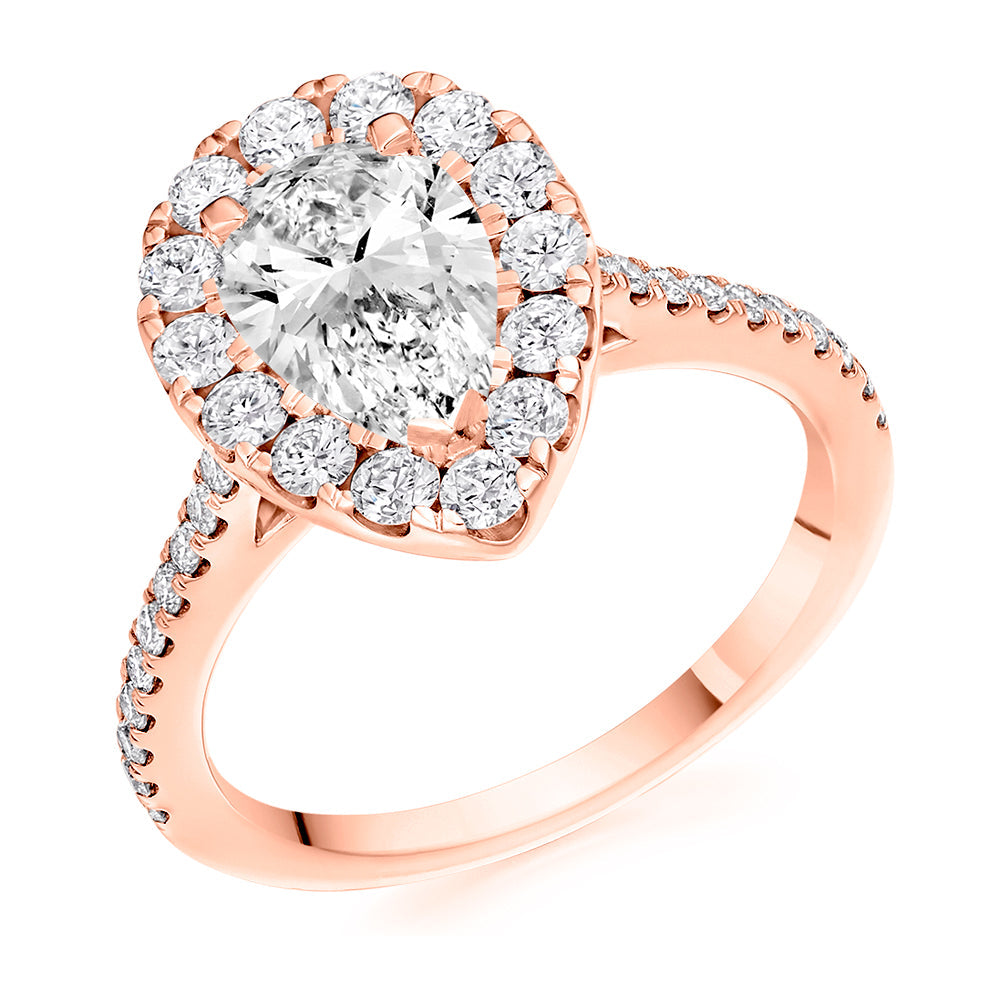 Halo with Diamond Set Shoulders Pear Cut Engagement Ring, 1.00ct in Rose Gold