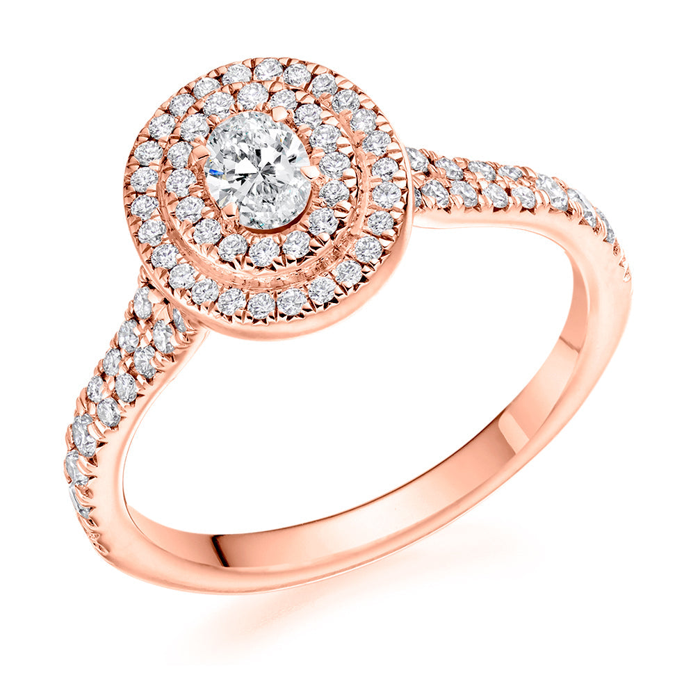 Halo with Diamond Set Shoulders Oval Cut Engagement Ring, 0.25ct in Rose Gold