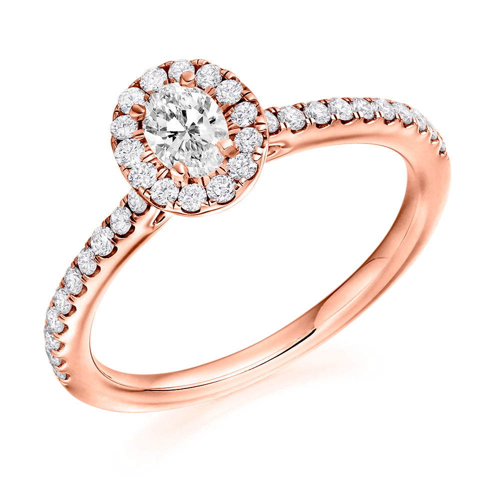 Halo with Diamond Set Shoulders Oval Cut Engagement Ring, 0.25ct in Rose Gold