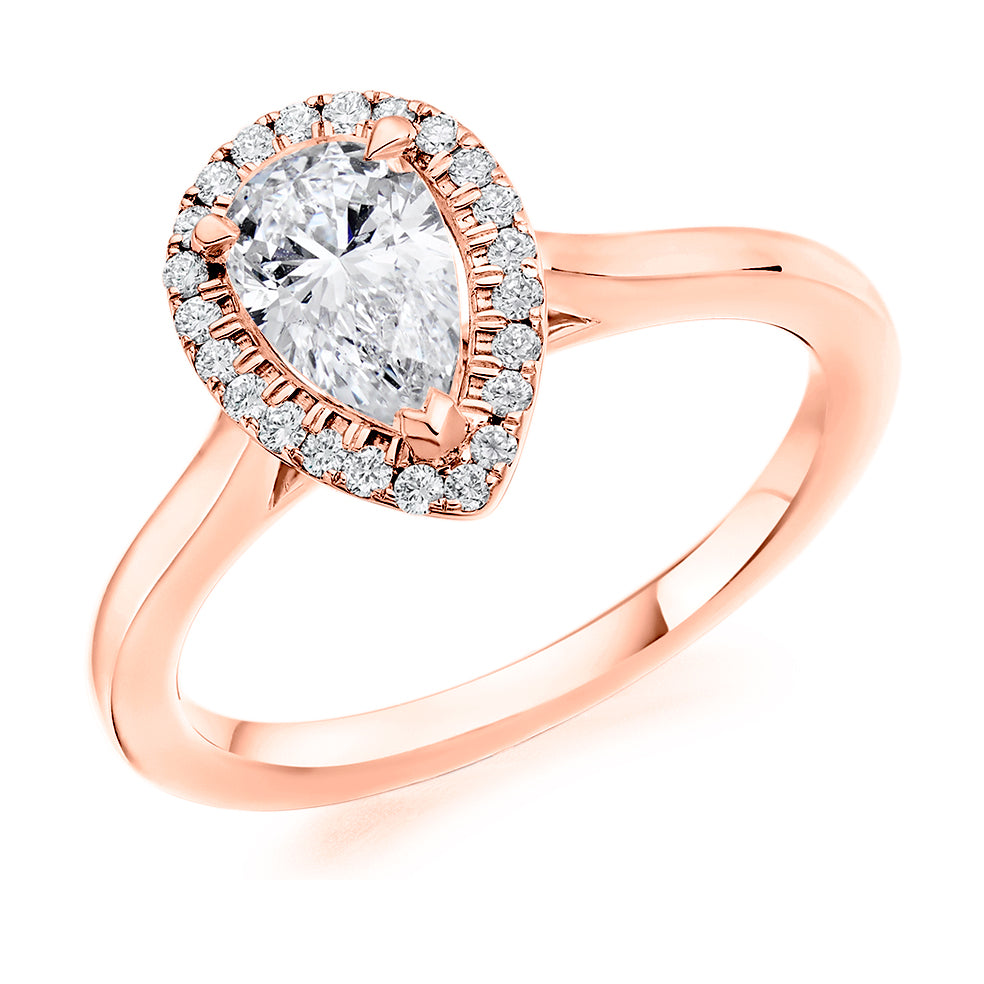 Halo with Plain Shoulders Pear Cut Engagement Ring, 0.90ct in Rose Gold