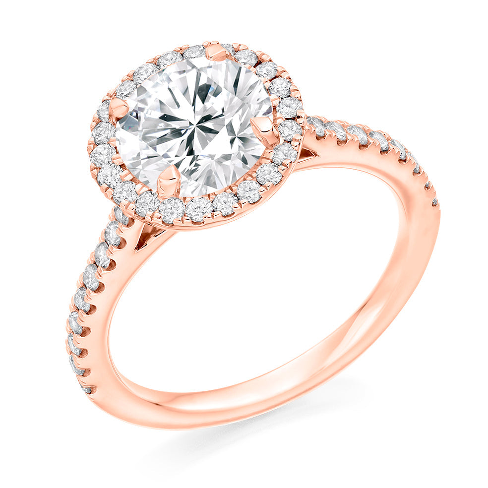 Halo with Diamond Set Shoulders Round Brilliant Engagement Ring, 2.00ct in Rose Gold