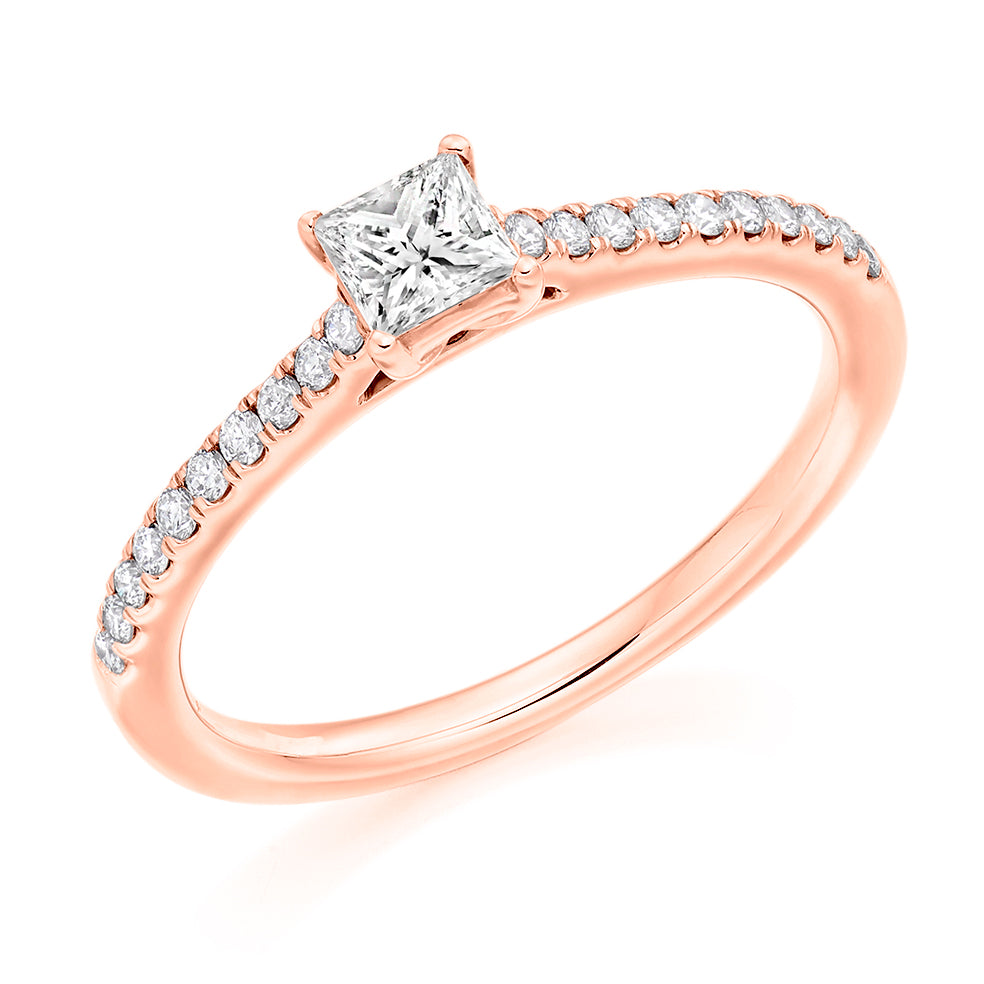 Solitaire with Diamond Set Shoulders Princess Cut Engagement Ring, 0.25ct in Rose Gold