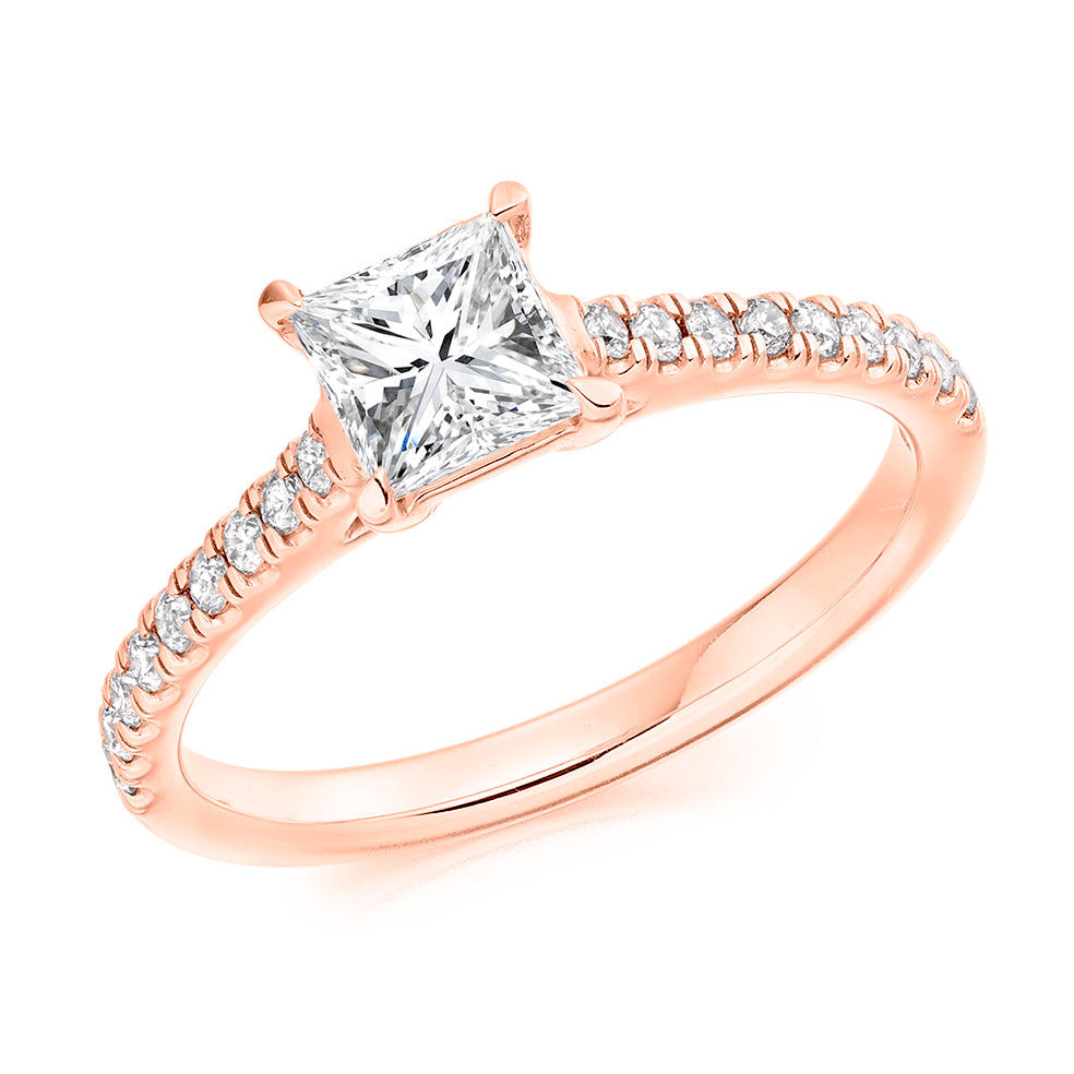 Solitaire with Diamond Set Shoulders Princess Cut Engagement Ring, 0.75ct in Rose Gold