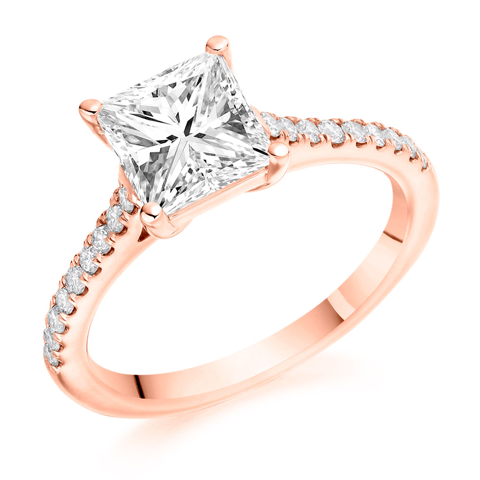 Solitaire with Diamond Shoulders Princess Cut Engagement Ring in Rose Gold